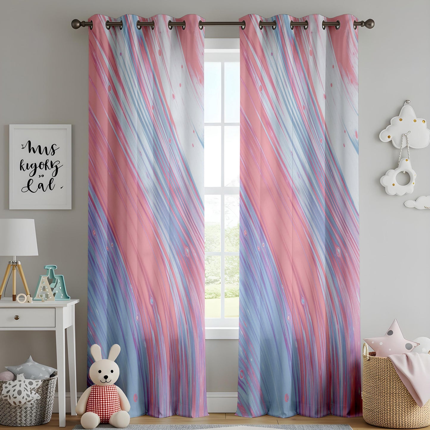Pastel Abstract Curtains for Living Room, Pink Blue Swirl Window Drapes