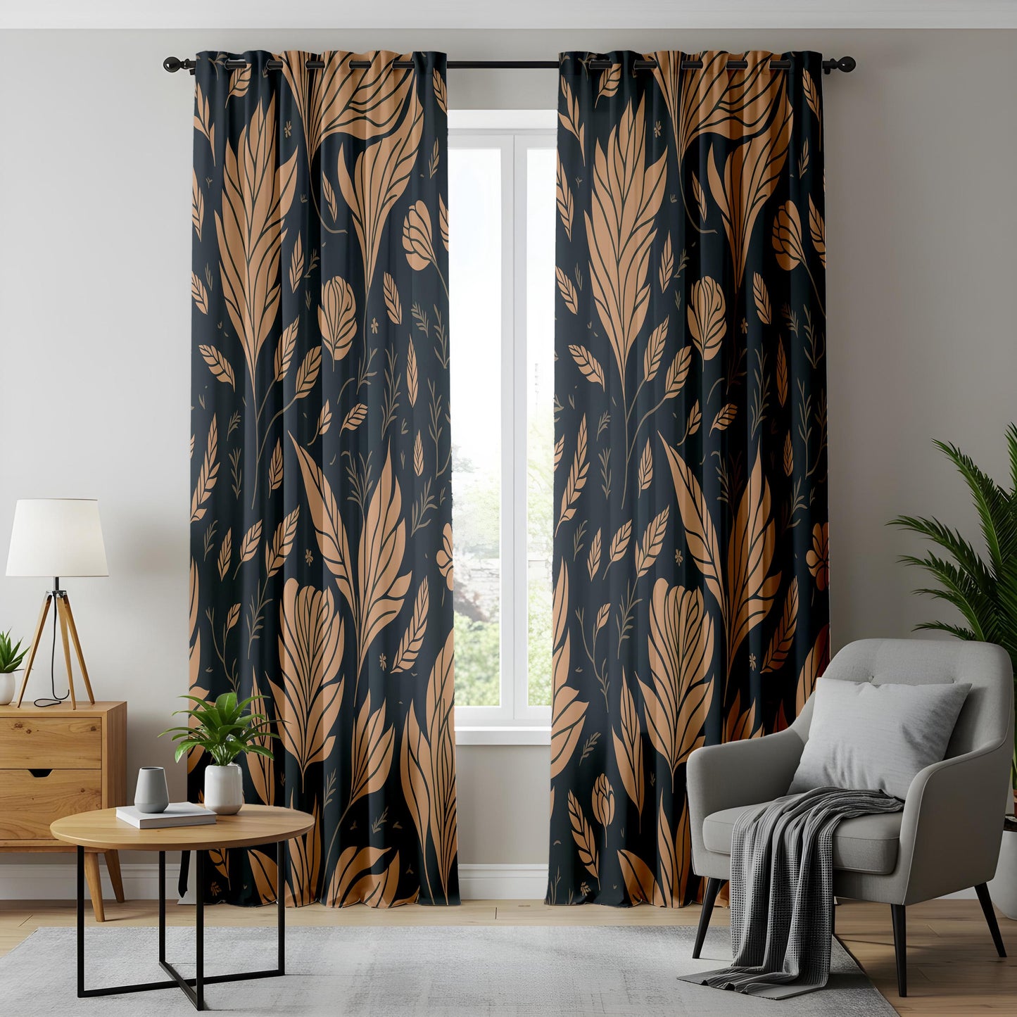 Dark Floral Curtains for Living Room, Golden Leaf Pattern Drapes
