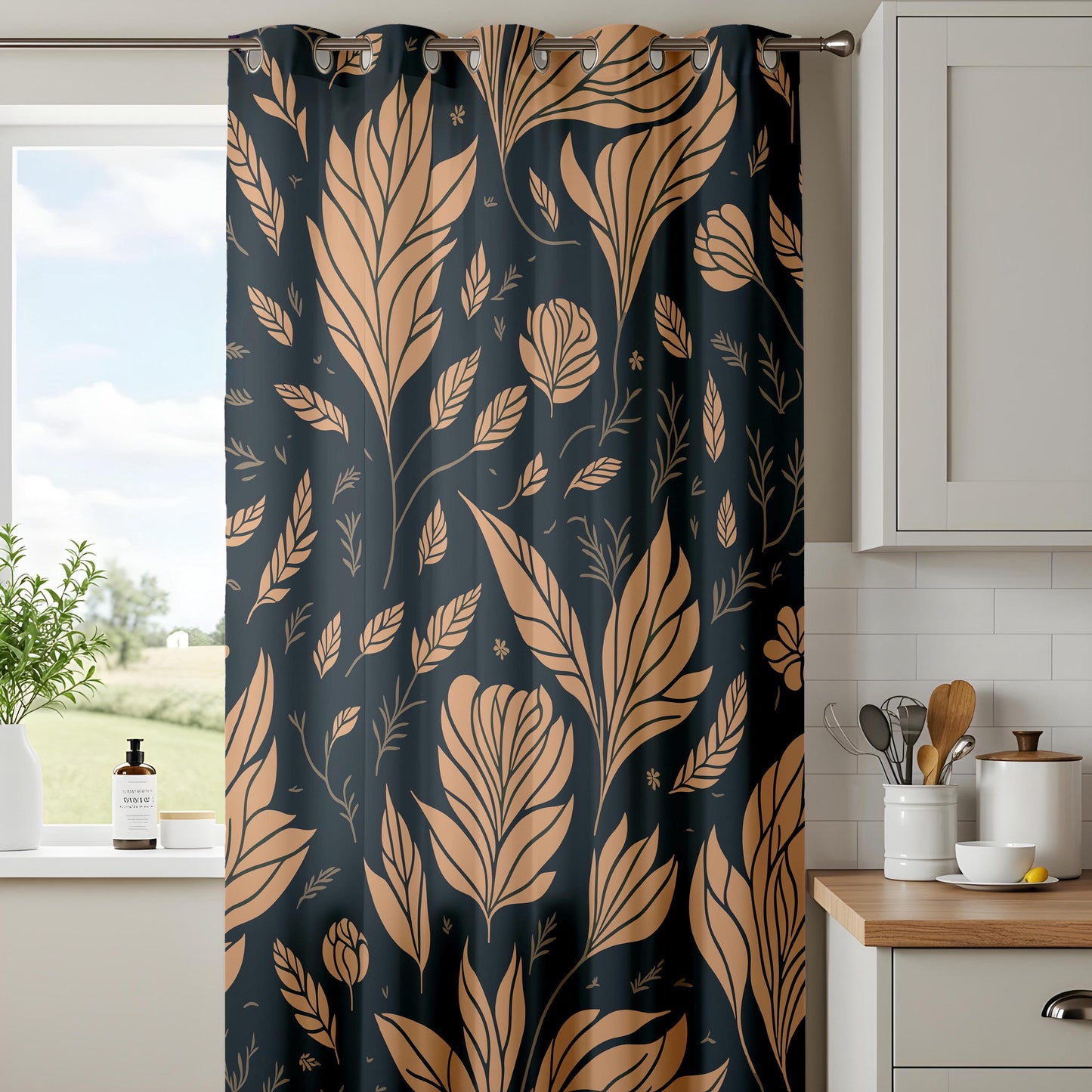 Dark Floral Curtains for Living Room, Golden Leaf Pattern Drapes