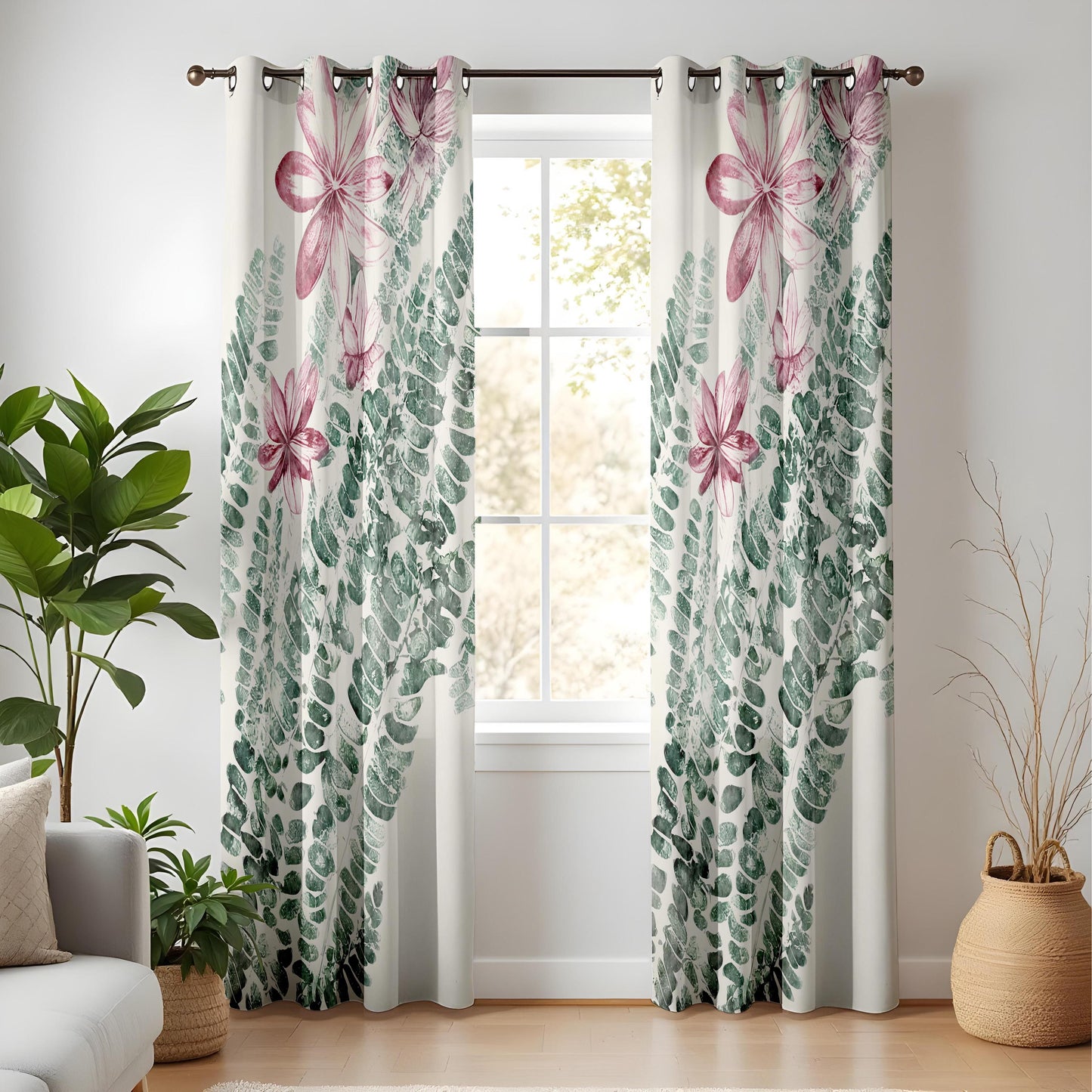 Floral Fern Kitchen Curtains, Pink Blossom Botanical Drapes