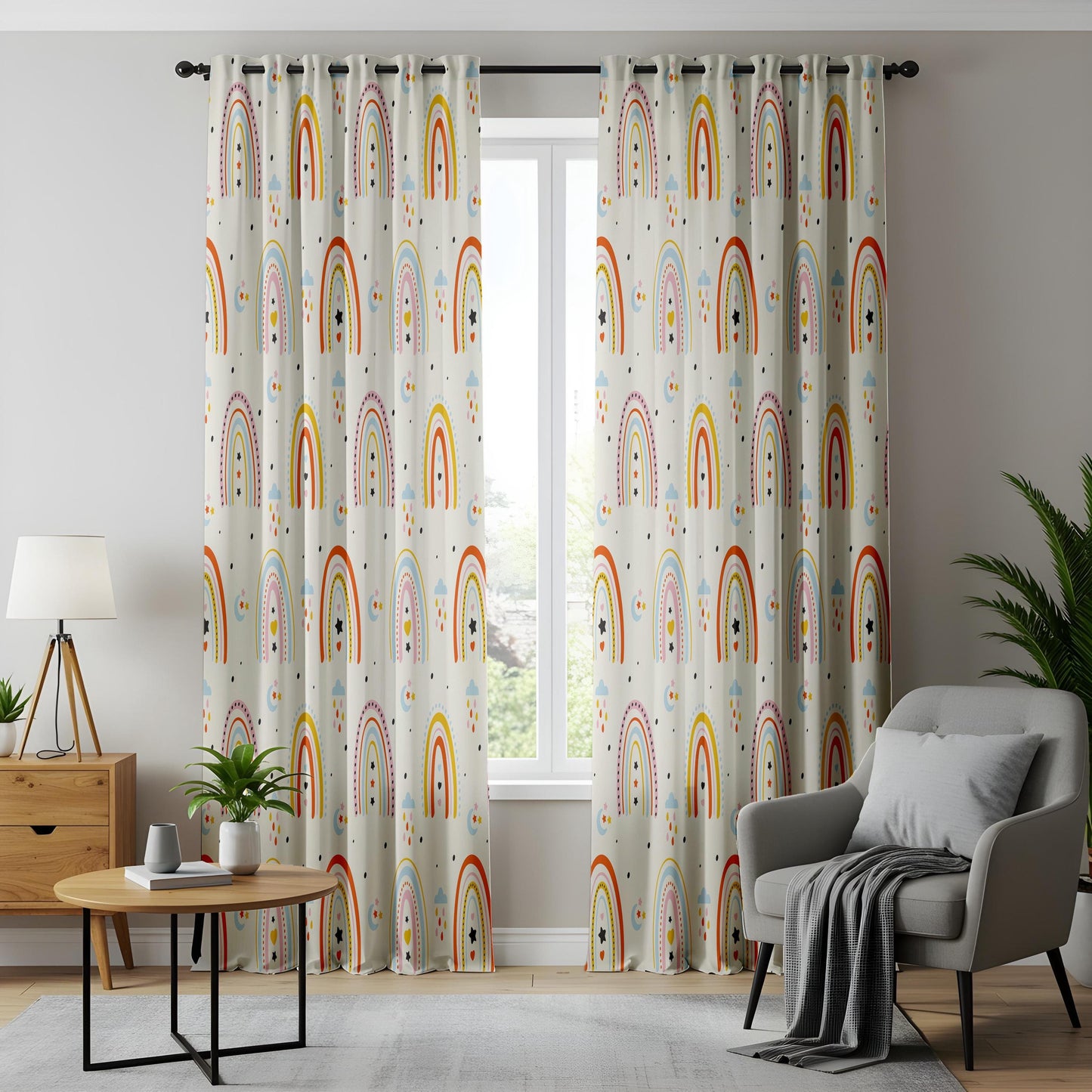 Scandi Rainbow Curtains – Pastel Cloud & Star Nursery Drapes