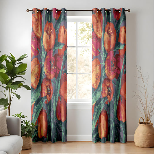 Onay Bold Tulip Floral Curtains – Painterly Red Orange Bloom Drapes