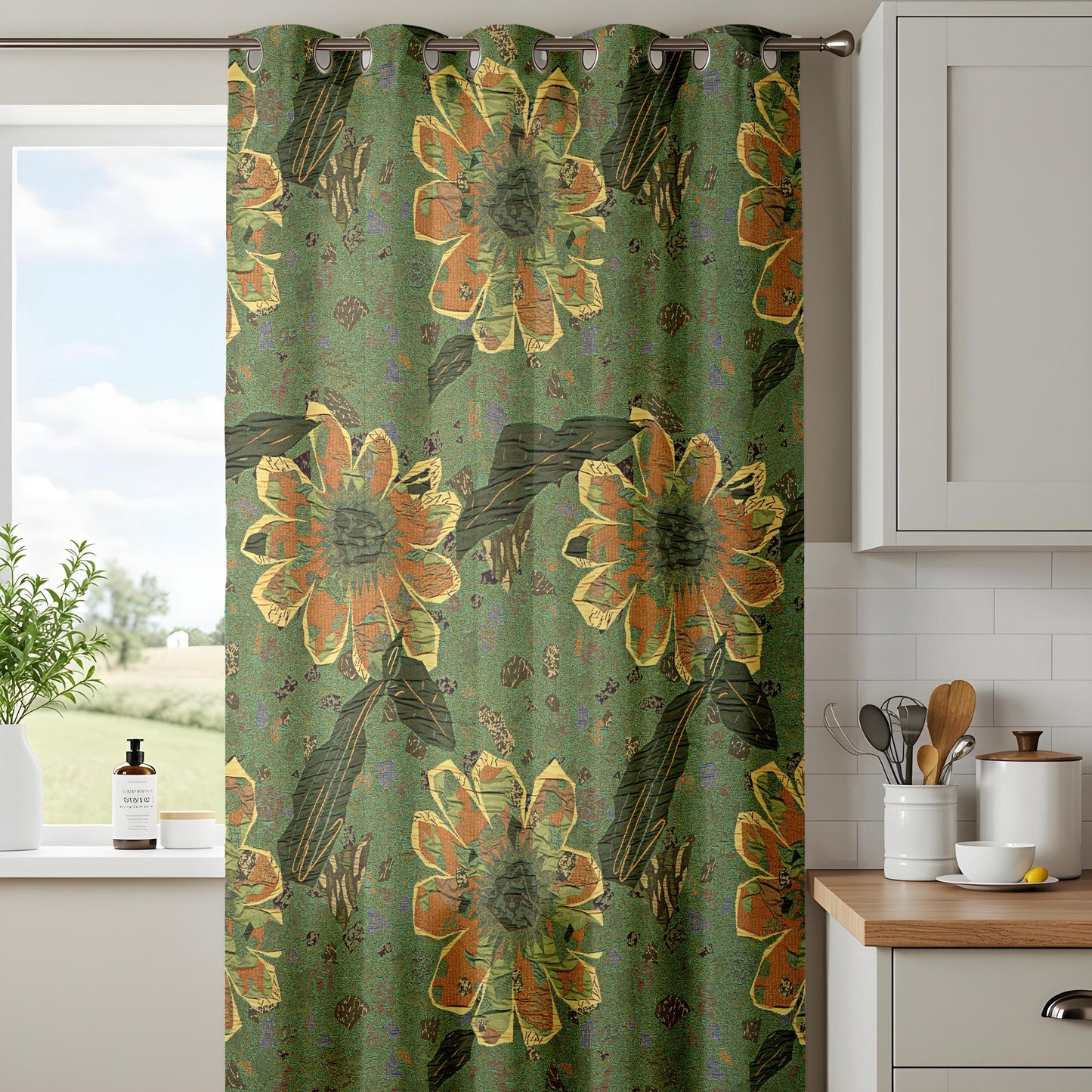 Rustic Sunflower Curtains – Vintage Green Fall Floral Drapes