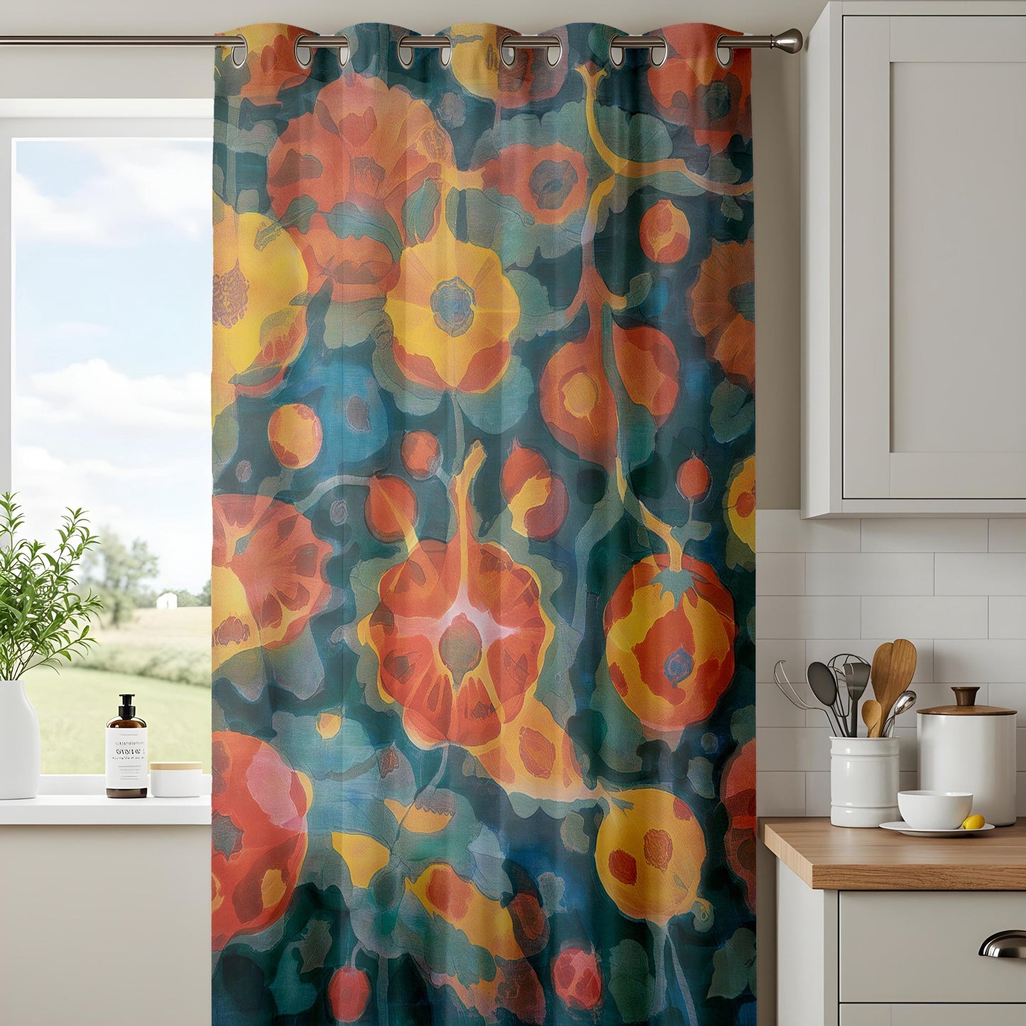 Watercolor Floral Curtains – Teal Abstract Botanical Drapes