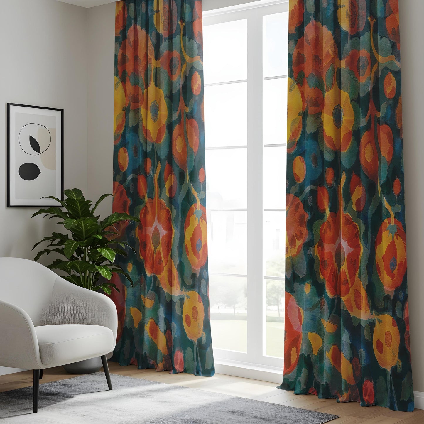 Watercolor Floral Curtains – Teal Abstract Botanical Drapes