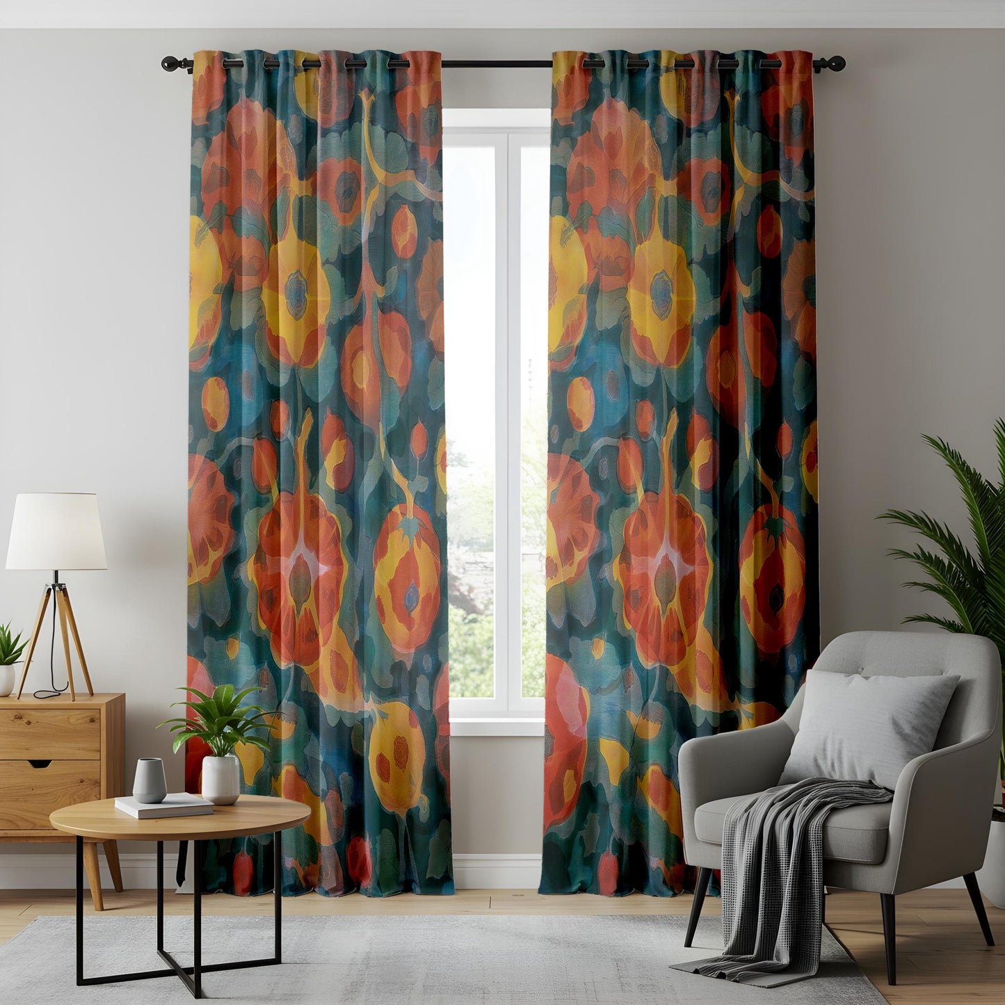 Watercolor Floral Curtains – Teal Abstract Botanical Drapes