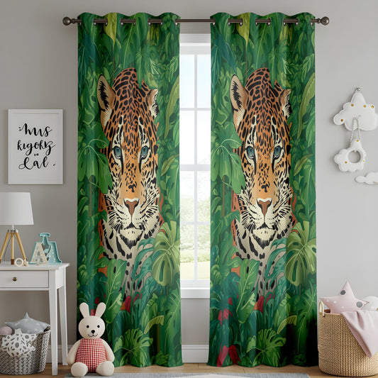 Onay Jungle Leopard Face Curtains – Green Tropical Safari Drapes