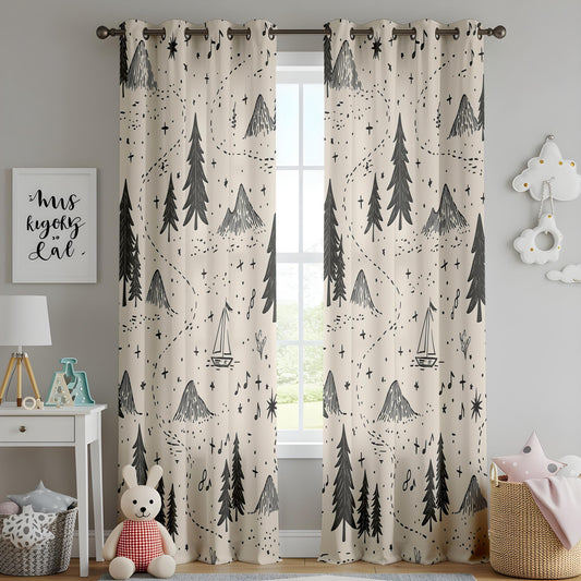 Onay Adventure Map Nursery Curtains – Beige Black/Gray Mountain Forest Drapes