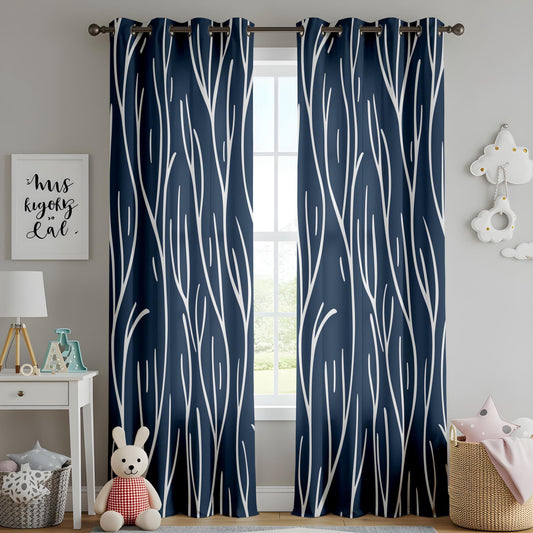 Onay Navy Blue Abstract Branch Curtains – Modern White Line Art Drapes