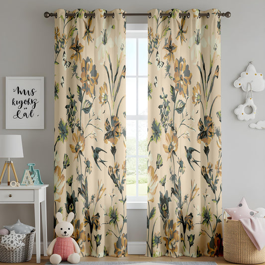 Onay Beige Mustard Yellow Floral Curtains – Vintage Swallow Bird Drapes