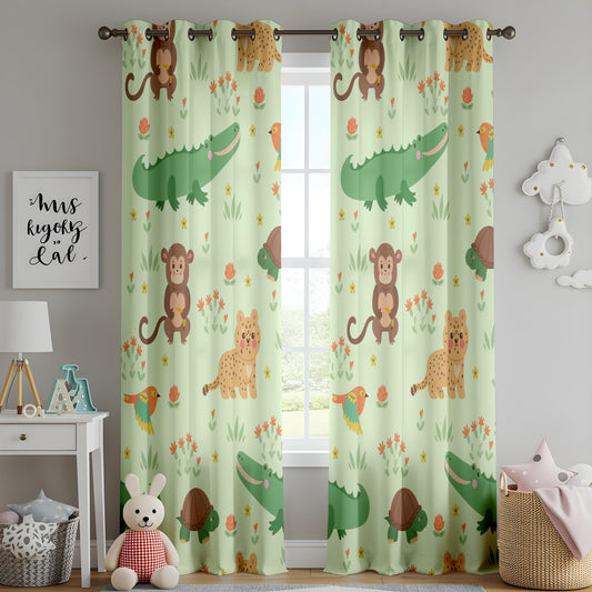 Onay Mint Green Jungle Animal Curtains – Monkey Crocodile Drapes