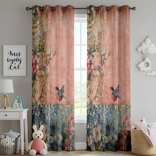 Onay Terracotta Blue Vintage Bird Curtains – Rustic Floral Fresco Drapes