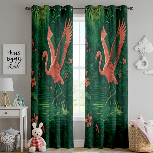Onay Pink Flamingo Tropical Curtains – Deep Green Jungle Drapes