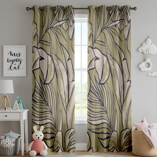 Onay Olive Green Abstract Tropical Curtains – Modern Leaf Line Art Drapes