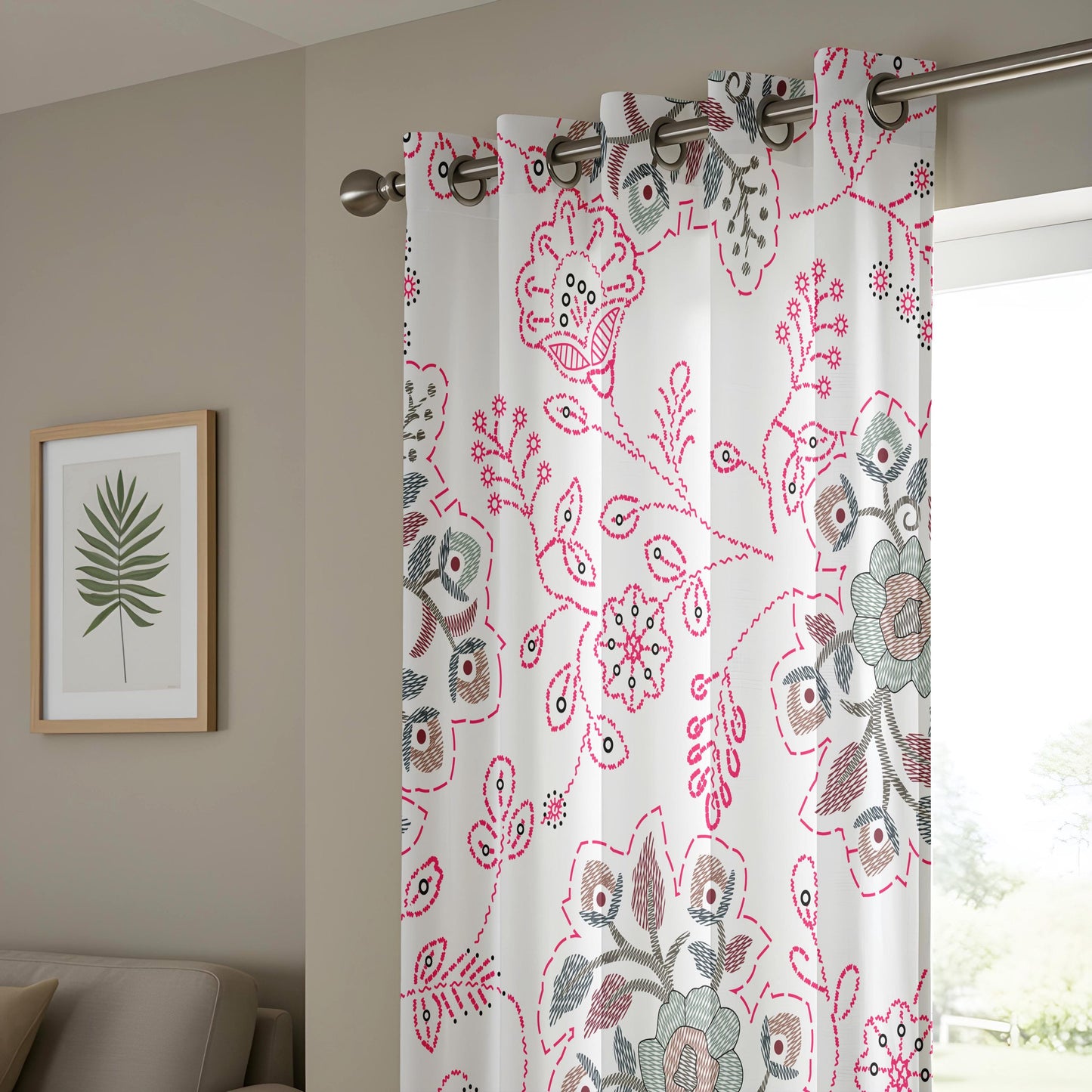 Onay Pink Suzani Floral Curtains – Embroidered Look Folk Art Drapes