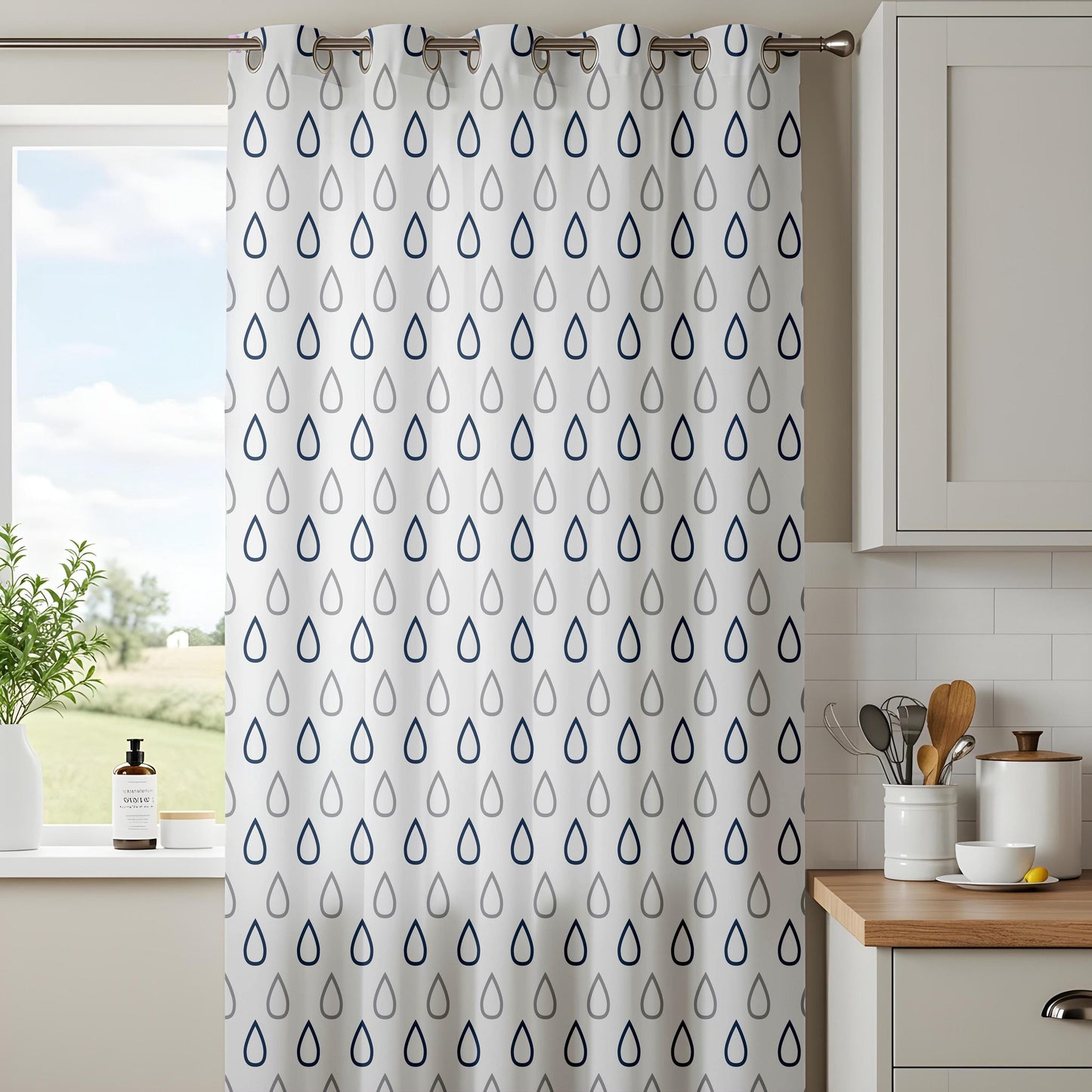 Onay Navy Blue Raindrop Curtains – Geometric Drop Pattern Drapes