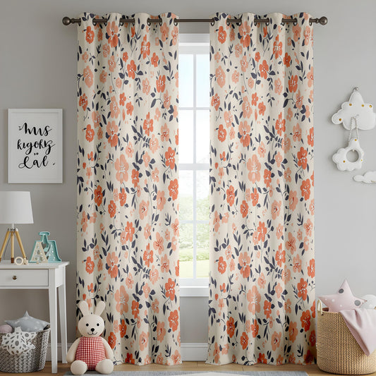 Onay Orange Poppy Curtains – Coral Floral Navy Leaf Window Drapes