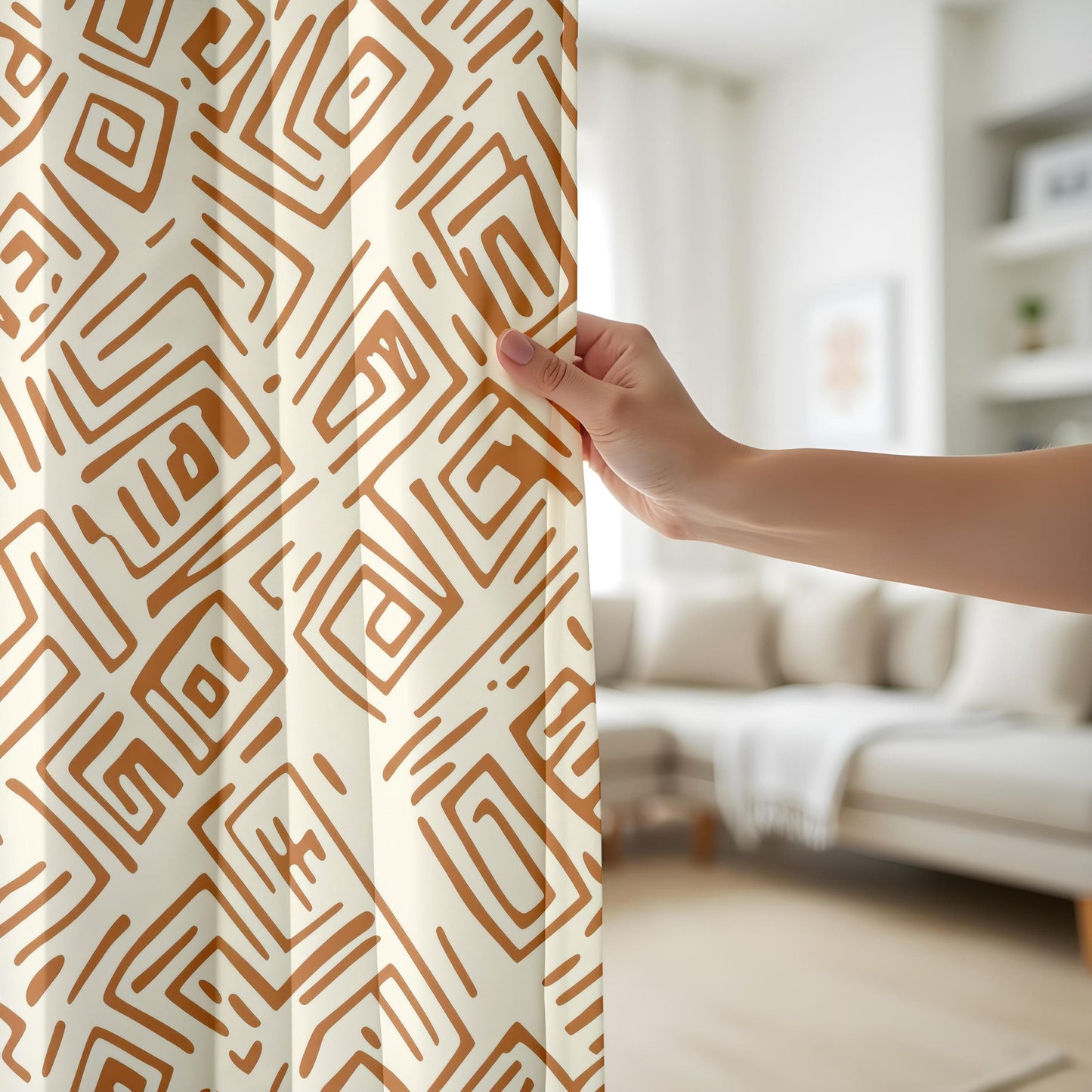 Onay Intricate Maze Living Room Curtains, Warm Terracotta Geometric Panels