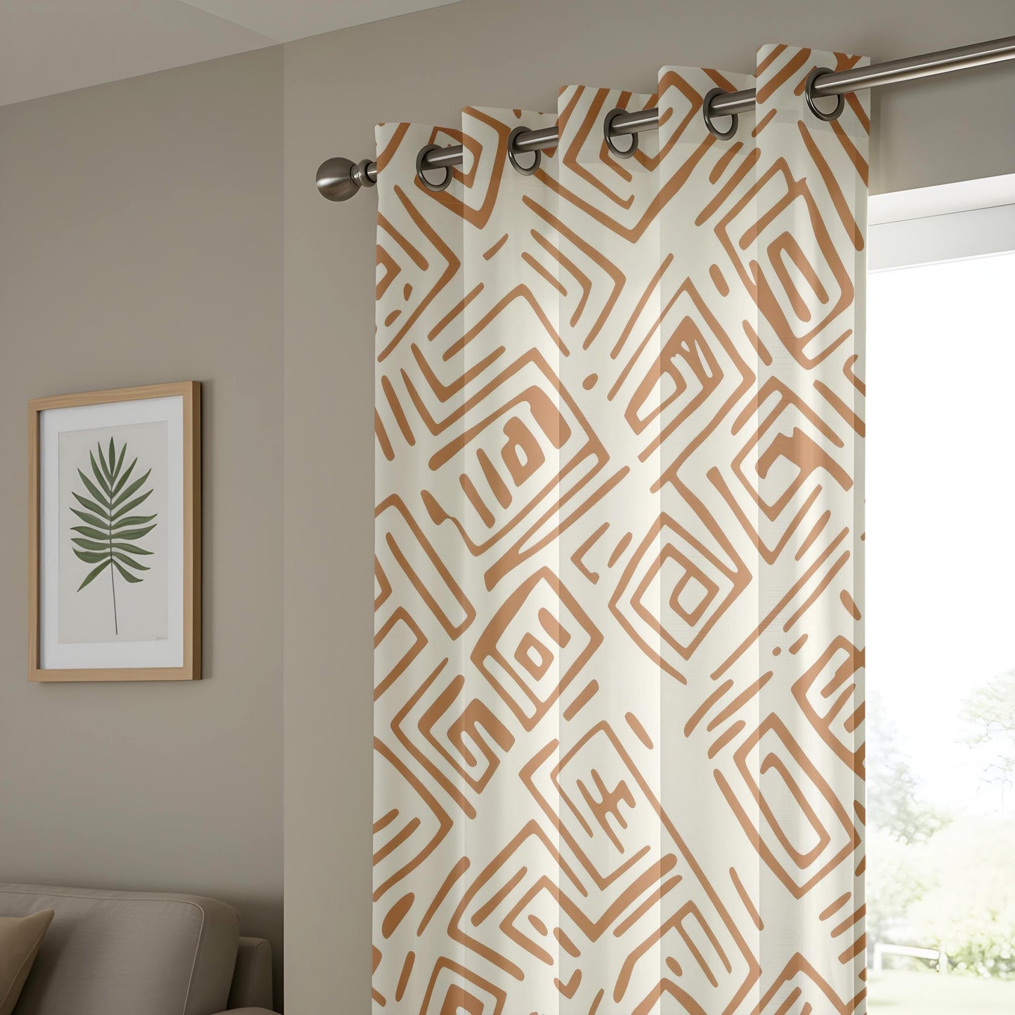 Onay Intricate Maze Living Room Curtains, Warm Terracotta Geometric Panels