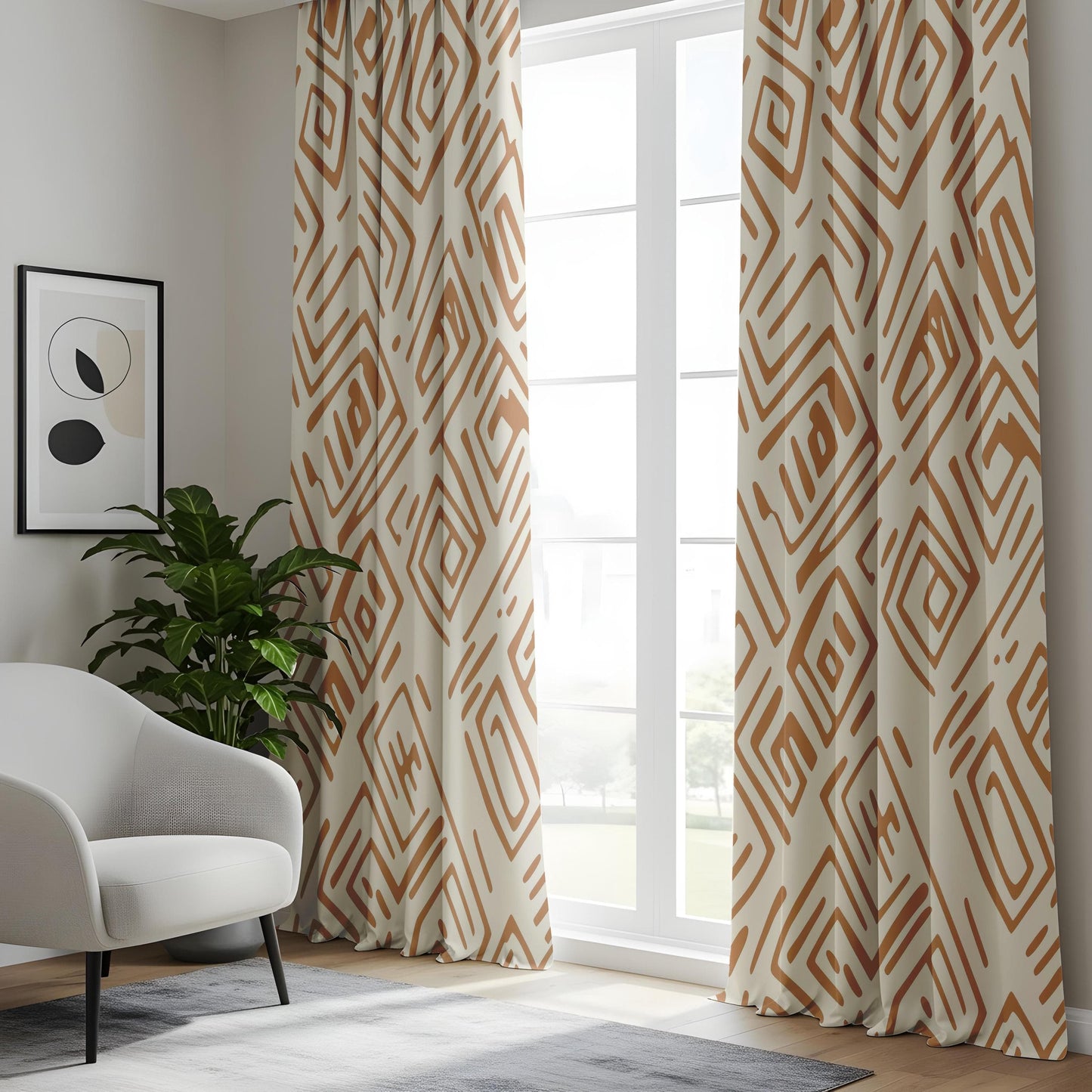 Onay Intricate Maze Living Room Curtains, Warm Terracotta Geometric Panels