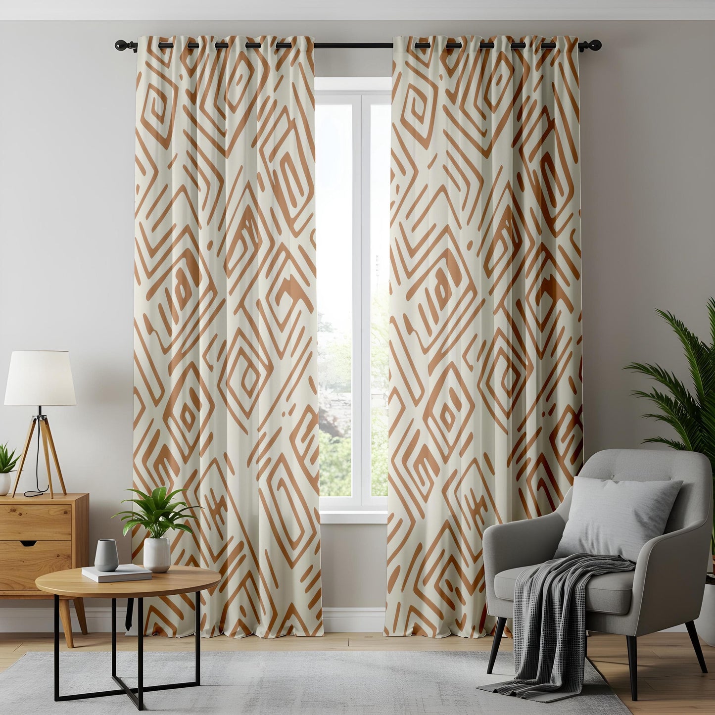 Onay Intricate Maze Living Room Curtains, Warm Terracotta Geometric Panels