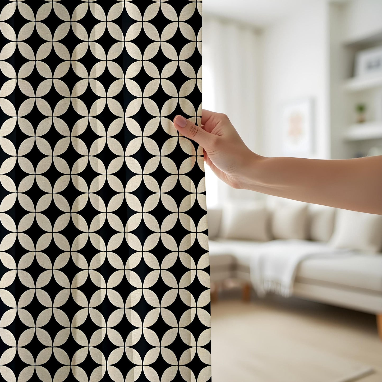 Onay Japanese Geometric Pattern Curtains – Black and Beige Retro Drapes