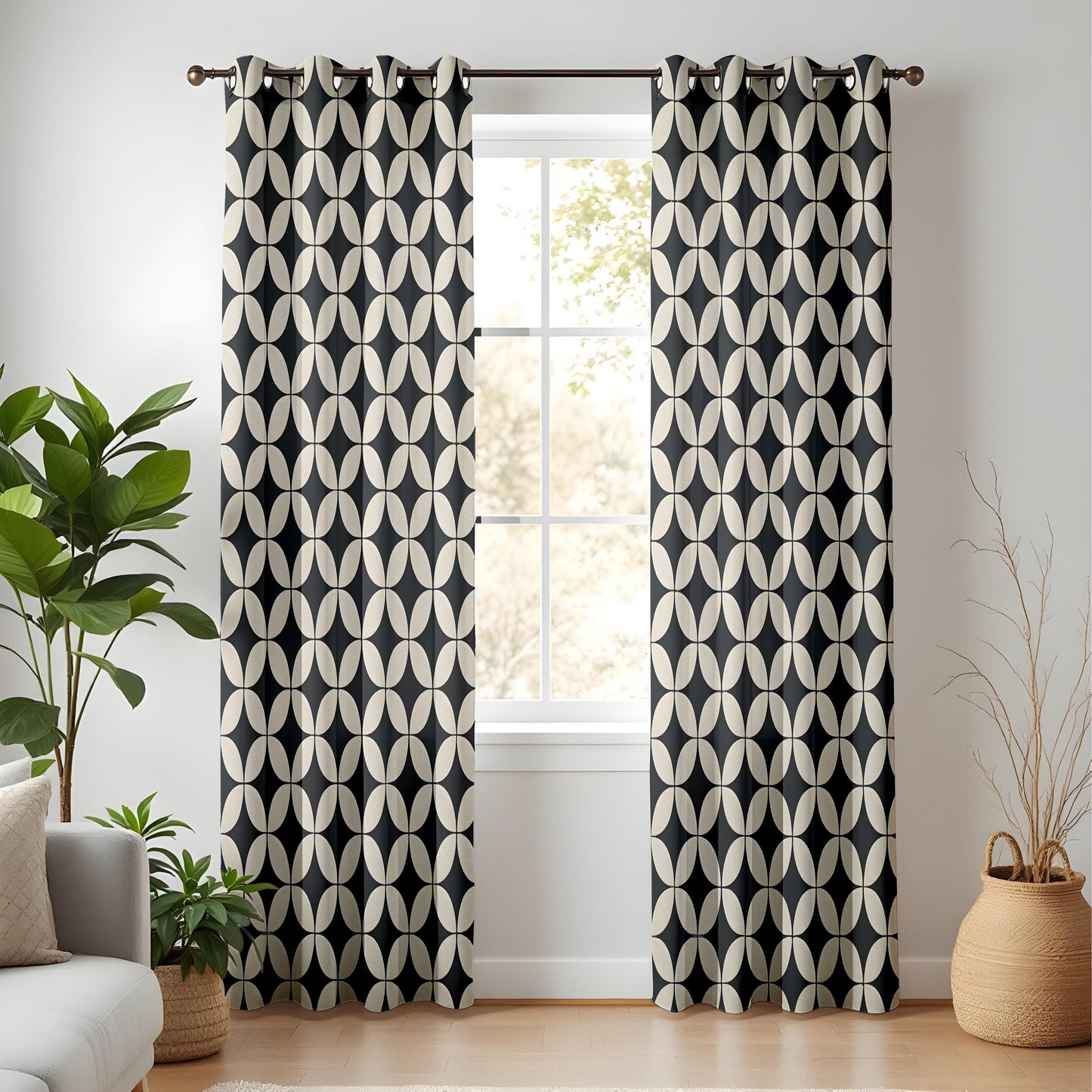 Onay Japanese Geometric Pattern Curtains – Black and Beige Retro Drapes