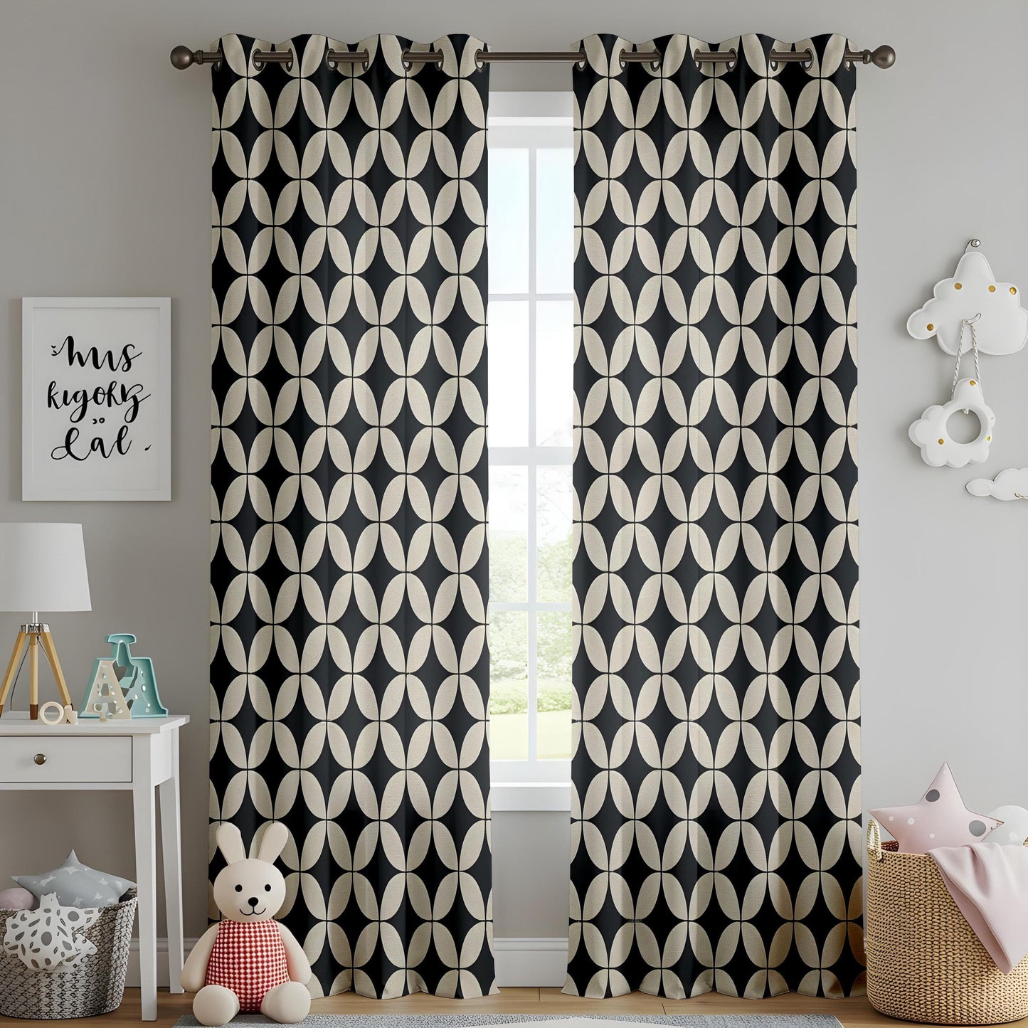 Onay Japanese Geometric Pattern Curtains – Black and Beige Retro Drapes