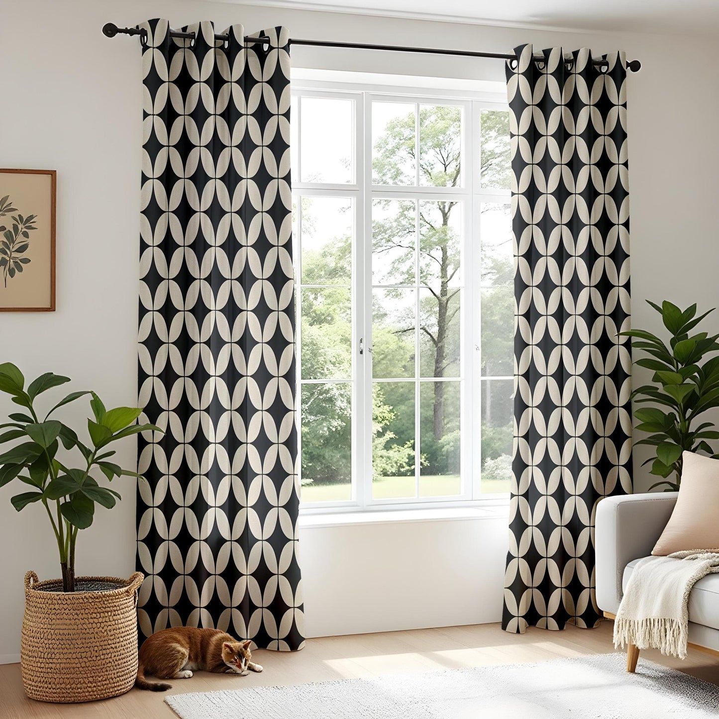 Onay Japanese Geometric Pattern Curtains – Black and Beige Retro Drapes