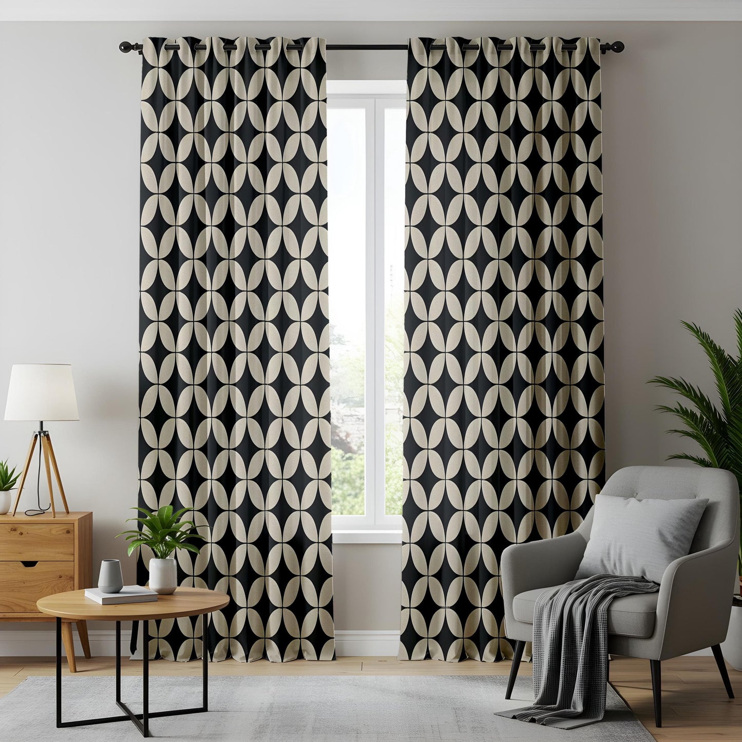 Onay Japanese Geometric Pattern Curtains – Black and Beige Retro Drapes