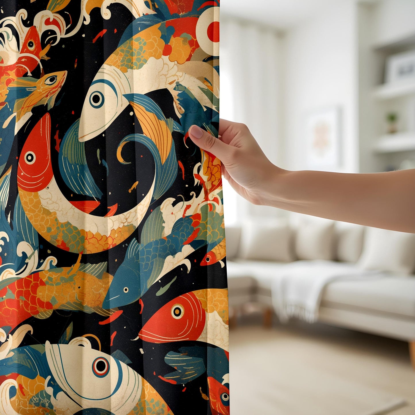 Onay Japanese Koi Fish Curtains, Bold Nautical Fish Window Curtains