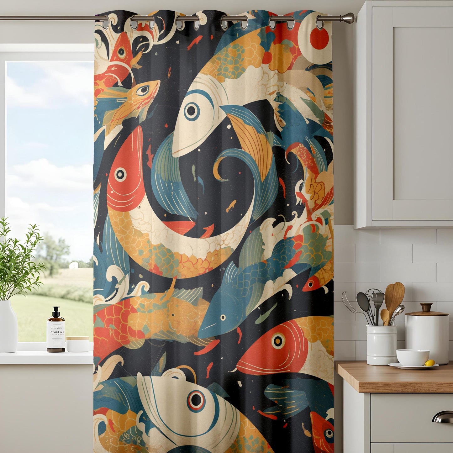 Onay Japanese Koi Fish Curtains, Bold Nautical Fish Window Curtains