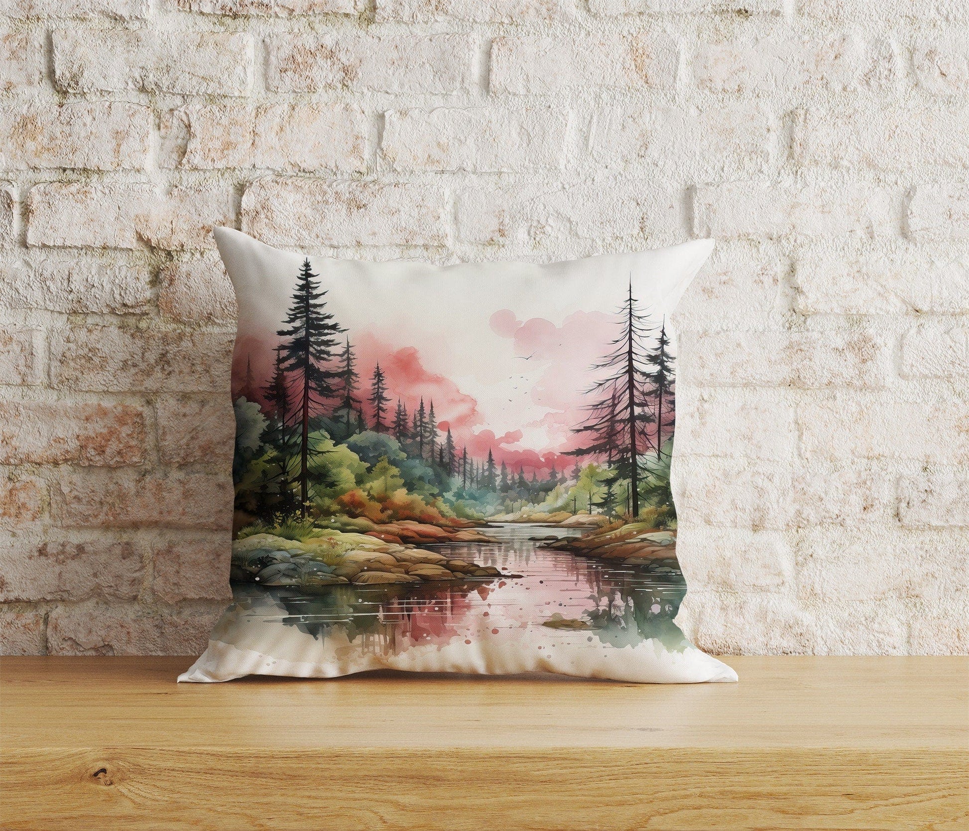 Onay 9 / 12 x 12 inch (30 x 30 cm) Landscape Views Natural Watercolor Forest Cushion Cover