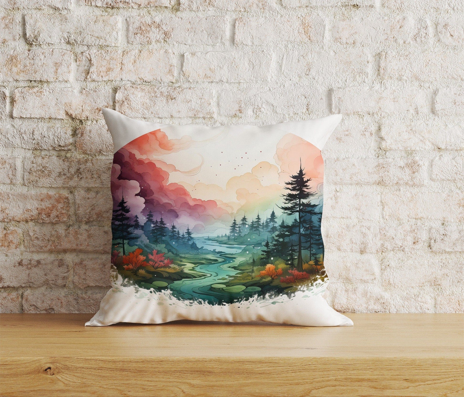 Onay 5 / 12 x 12 inch (30 x 30 cm) Landscape Views Natural Watercolor Forest Cushion Cover