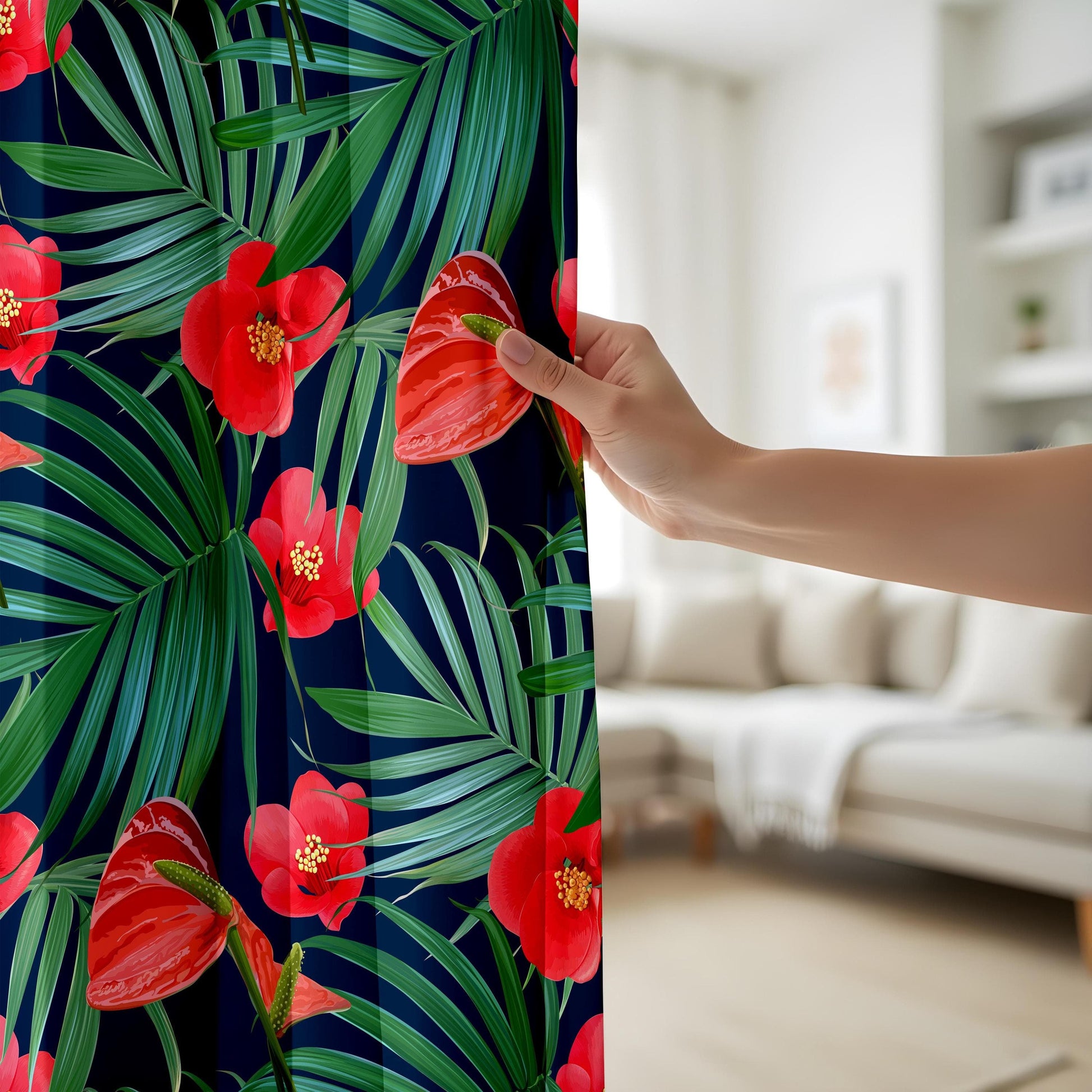 Onay Leaf and Floral Tropical Print Curtains, Exotic Botanical Green Pattern Drapes