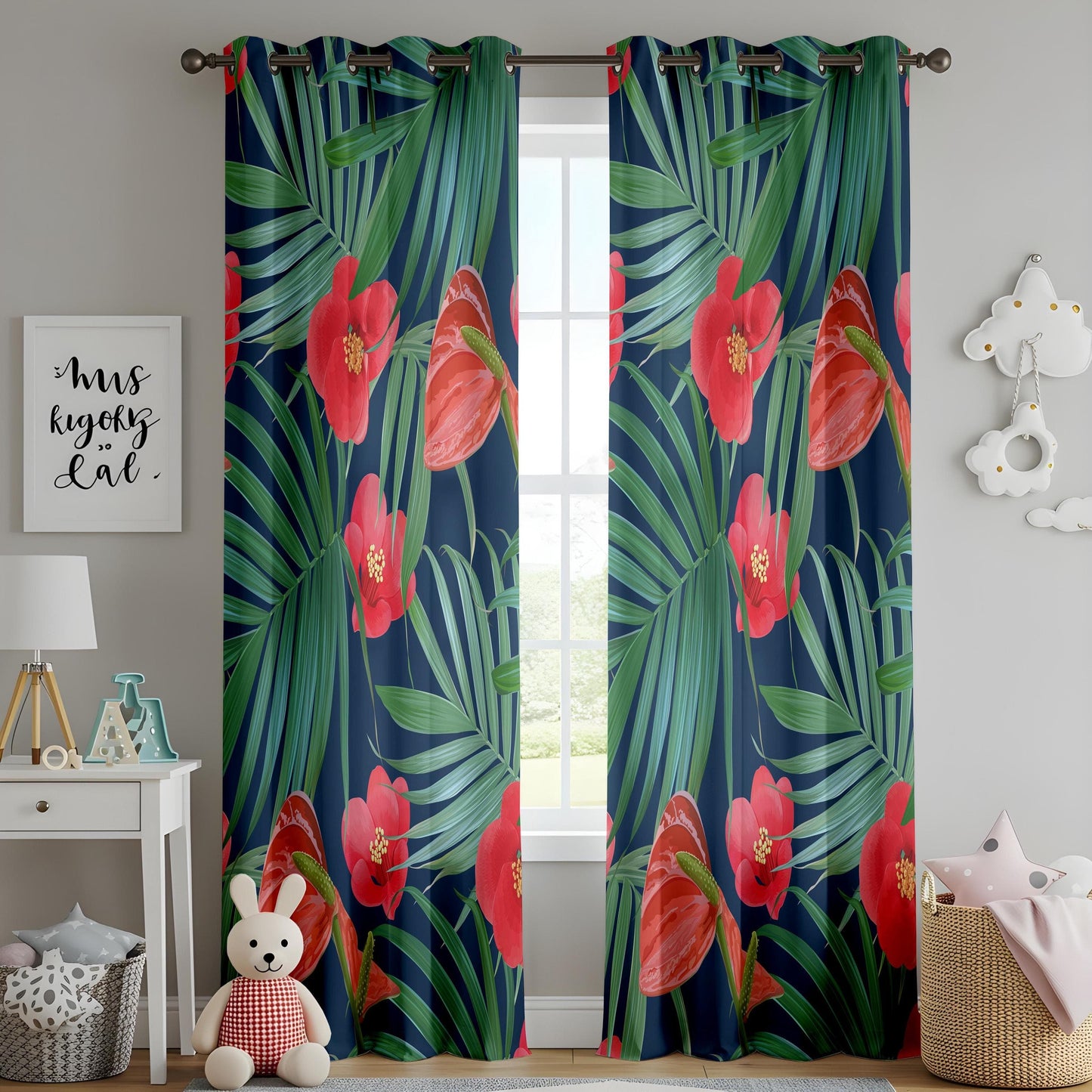 Onay Leaf and Floral Tropical Print Curtains, Exotic Botanical Green Pattern Drapes
