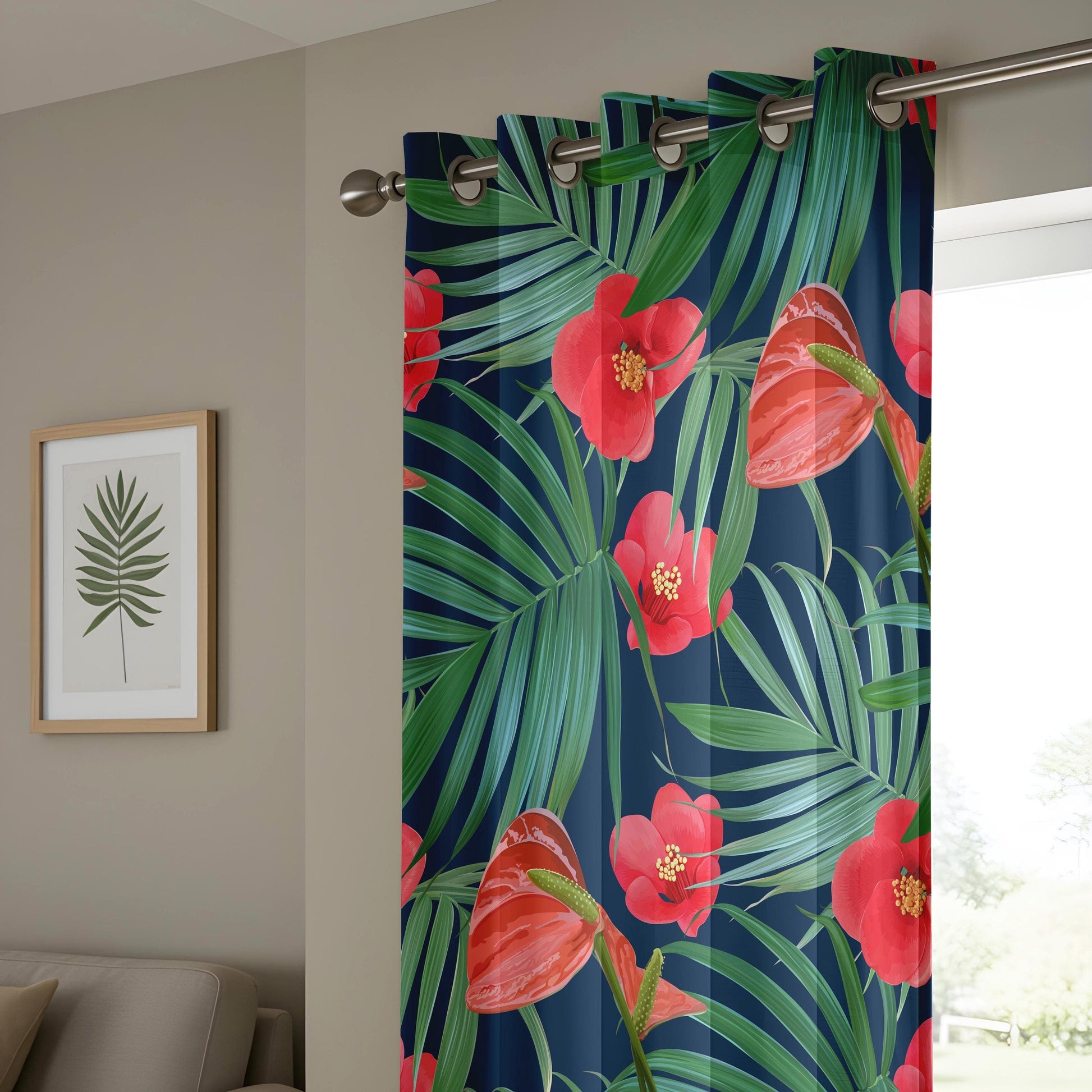 Onay Leaf and Floral Tropical Print Curtains, Exotic Botanical Green Pattern Drapes