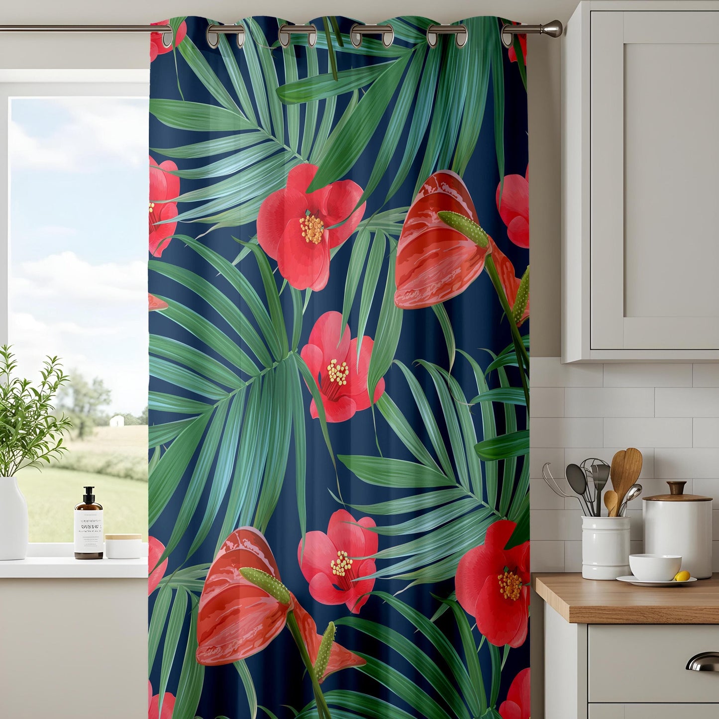Onay Leaf and Floral Tropical Print Curtains, Exotic Botanical Green Pattern Drapes