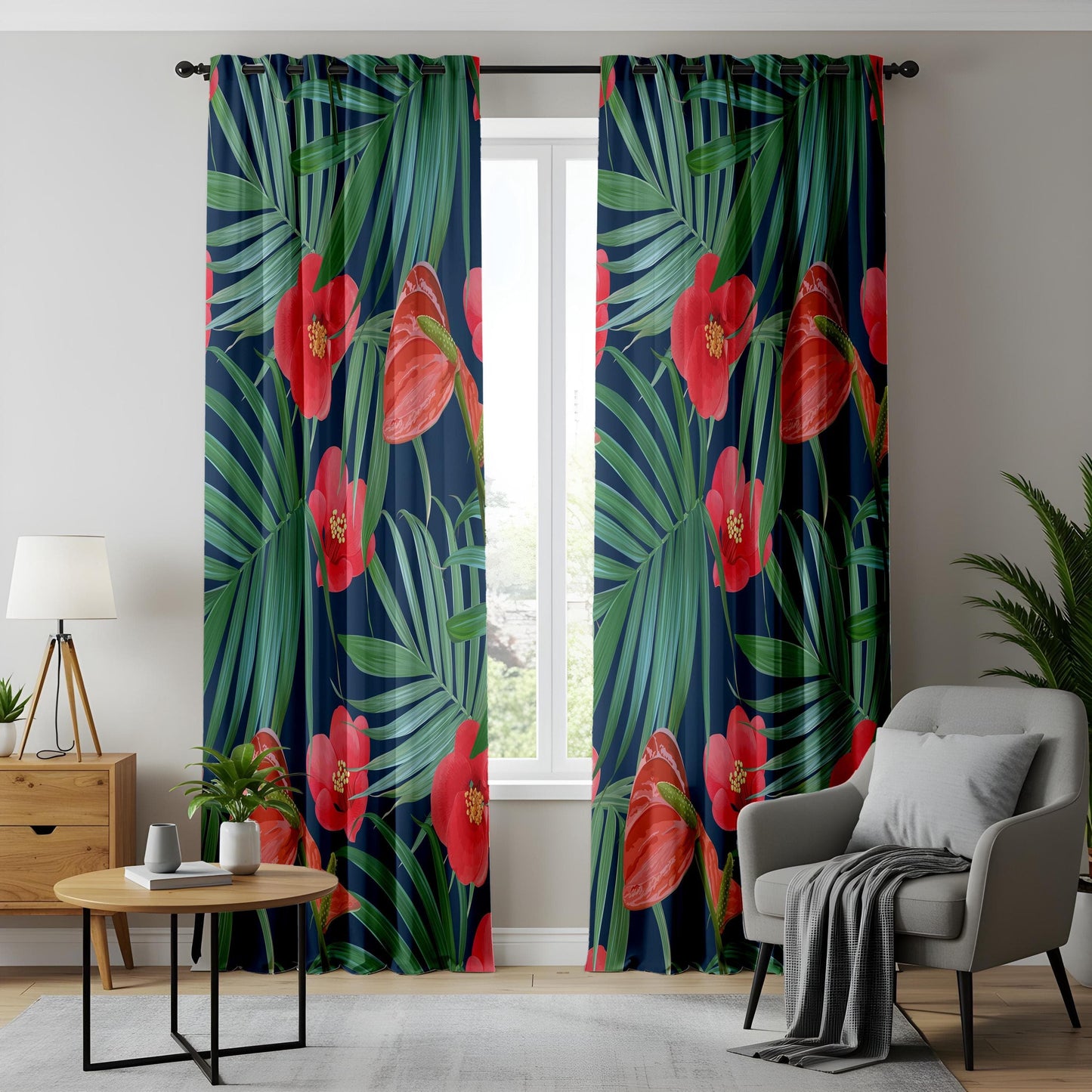 Onay Leaf and Floral Tropical Print Curtains, Exotic Botanical Green Pattern Drapes