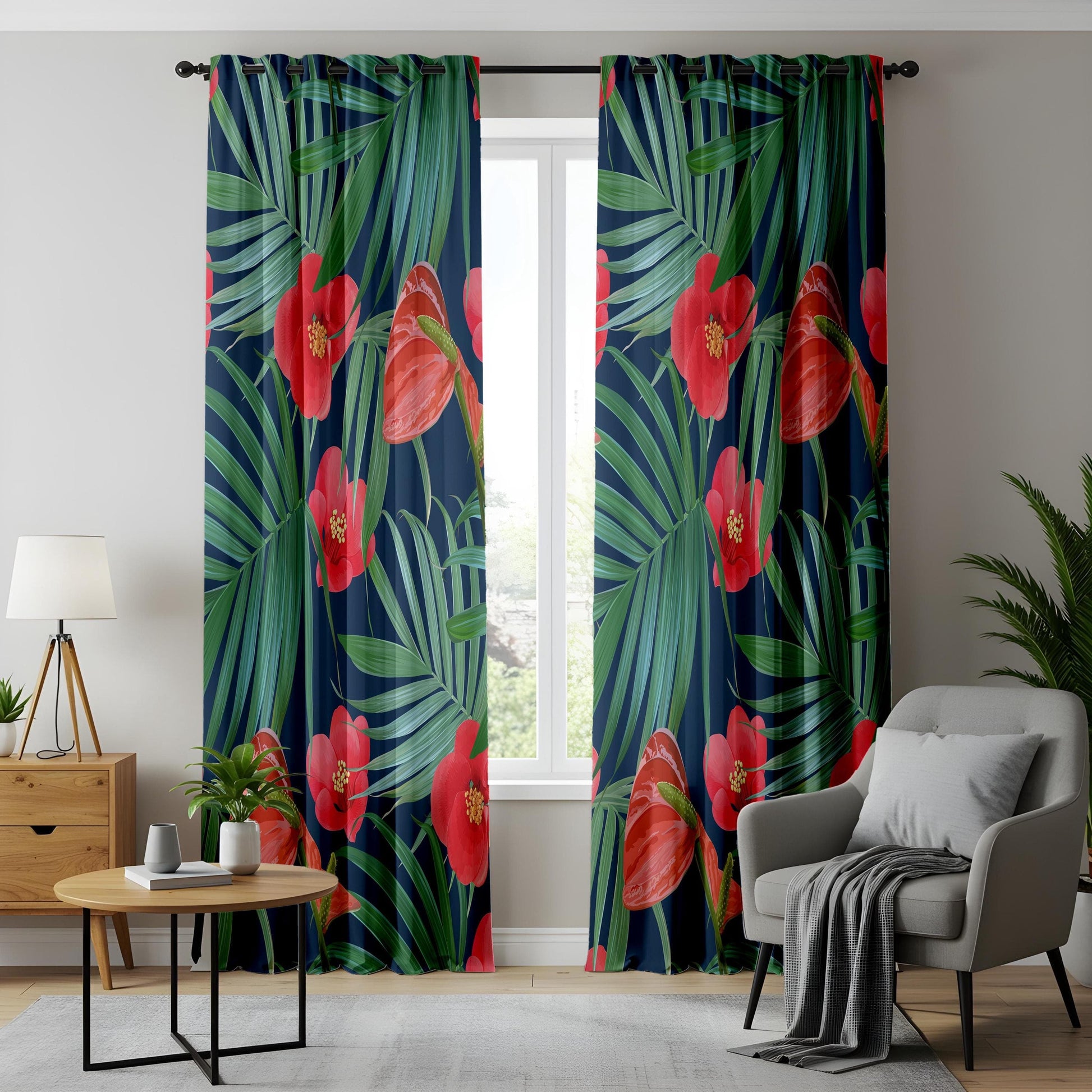 Onay Leaf and Floral Tropical Print Curtains, Exotic Botanical Green Pattern Drapes
