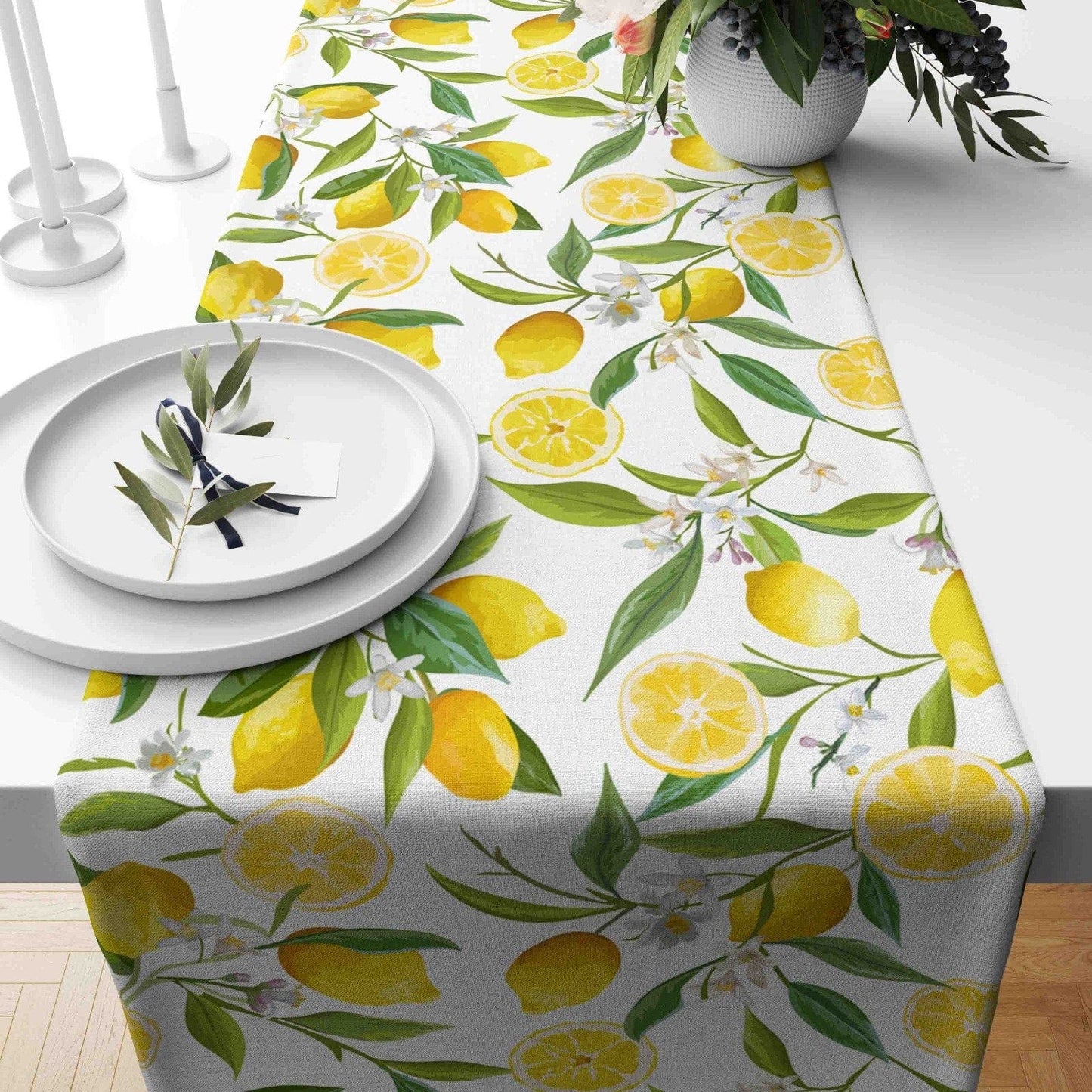 Onay Home Textile table runner 4 / 12 x 46 inch (30 x 120 cm) Lemon and Olive Table Runner Floral Lemon Table Decor