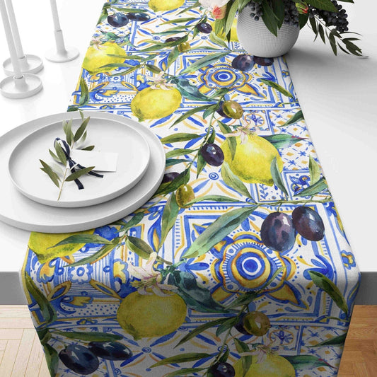Onay Home Textile table runner 1 / 12 x 46 inch (30 x 120 cm) Lemon and Olive Table Runner Floral Lemon Table Decor