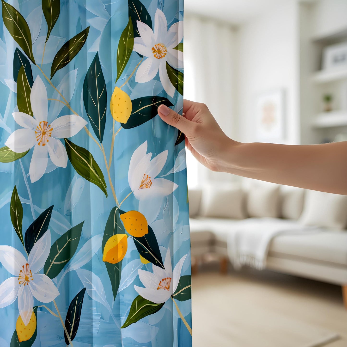 Onay Lemon Blossom Curtains – Citrus Floral Drapes in Blue and Yellow