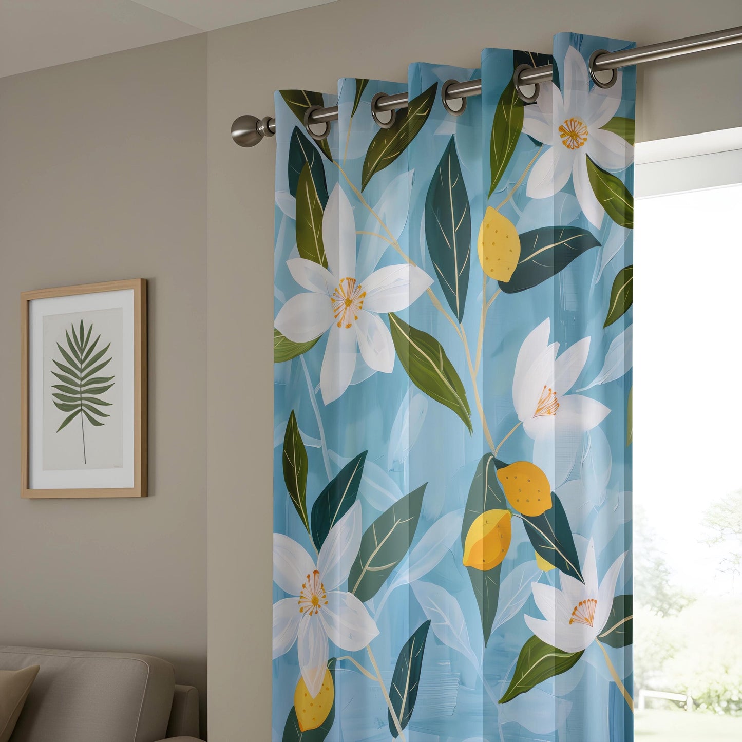 Onay Lemon Blossom Curtains – Citrus Floral Drapes in Blue and Yellow