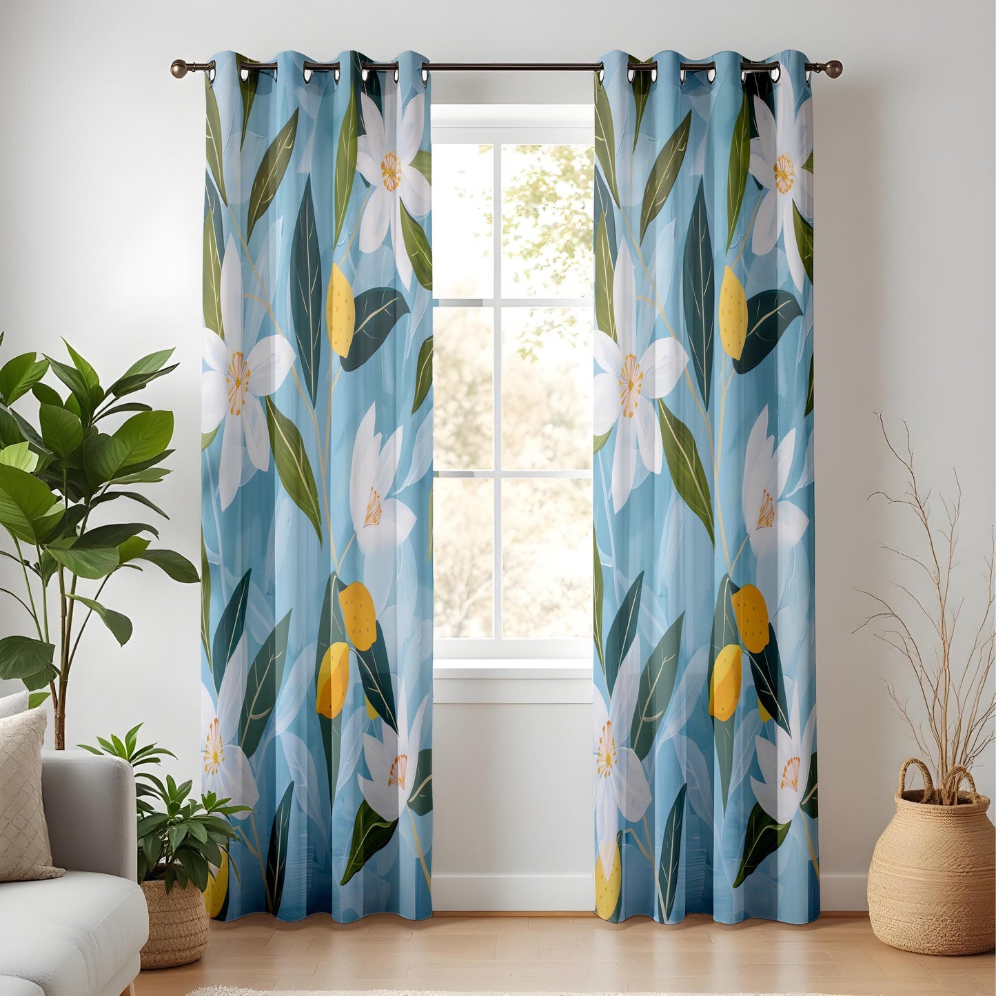 Onay Lemon Blossom Curtains – Citrus Floral Drapes in Blue and Yellow