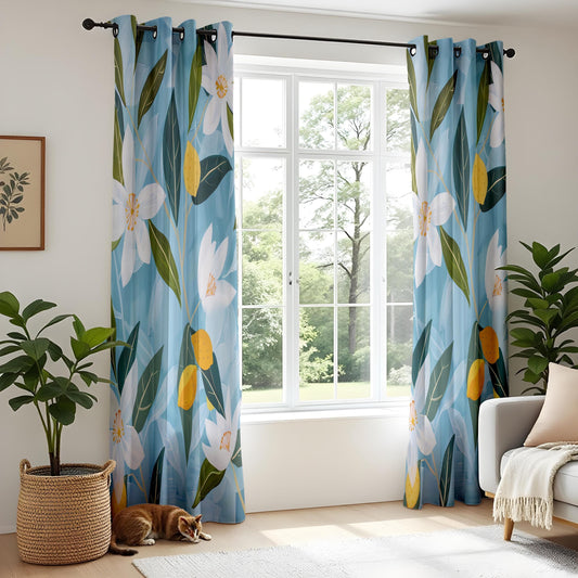 Onay Lemon Blossom Curtains – Citrus Floral Drapes in Blue and Yellow