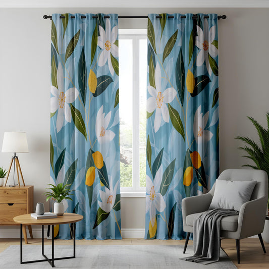 Onay Lemon Blossom Curtains – Citrus Floral Drapes in Blue and Yellow