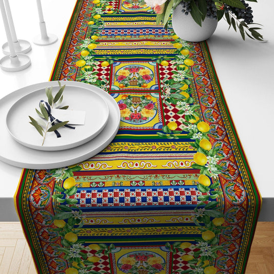 Onay Home Textile table runner 1 / 12 x 46 inch (30 x 120 cm) Lemon Citrus Table Clouth Yellow & Blue Floral Tablecloth