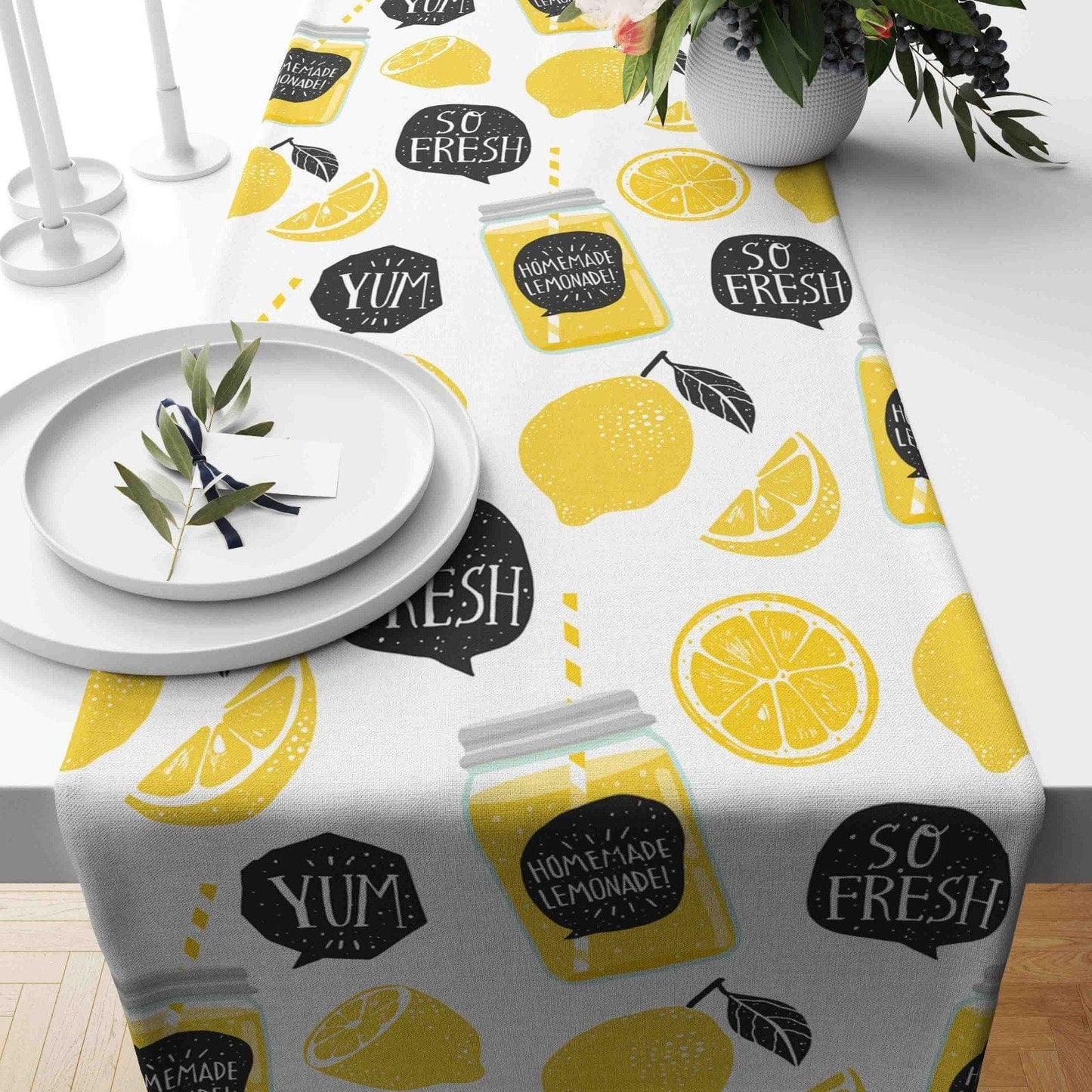 Onay Home Textile Cushion Covers 12 x 46 inch (30 x 120 cm) / 4 Lemon Design Table Runner Yellow & Black Tablecloth Kitchen