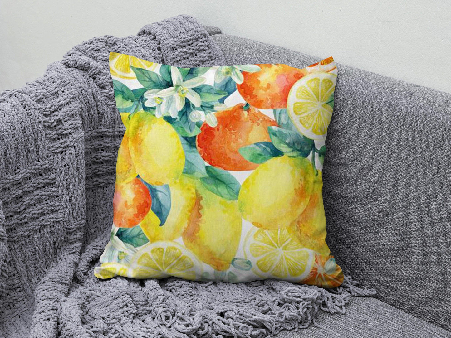 Onay 4 / 12 x 12 inch (30 x 30 cm) Lemon & Lemon Flower Print Summer Decor Cushion Cover